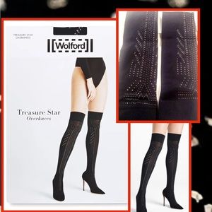 New $190 Wolford Treasure Star Overknees socks tights Black 1500 Rhinestones